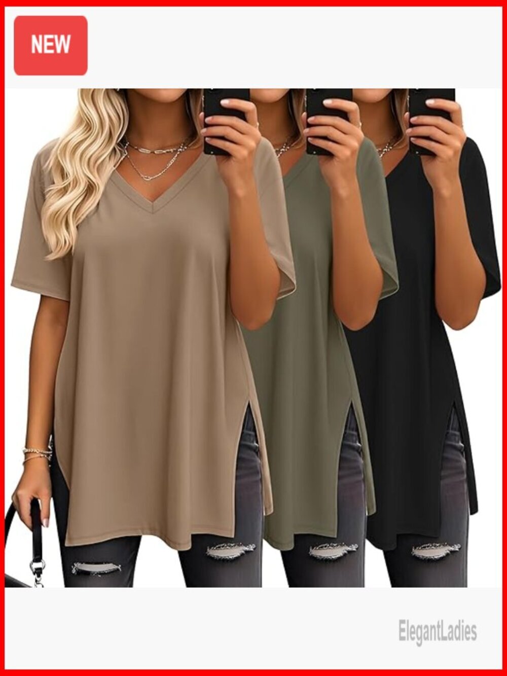 Oversized V-Neck T-Shirts 3 Pack Side Split Tunic Tops Workout Casual